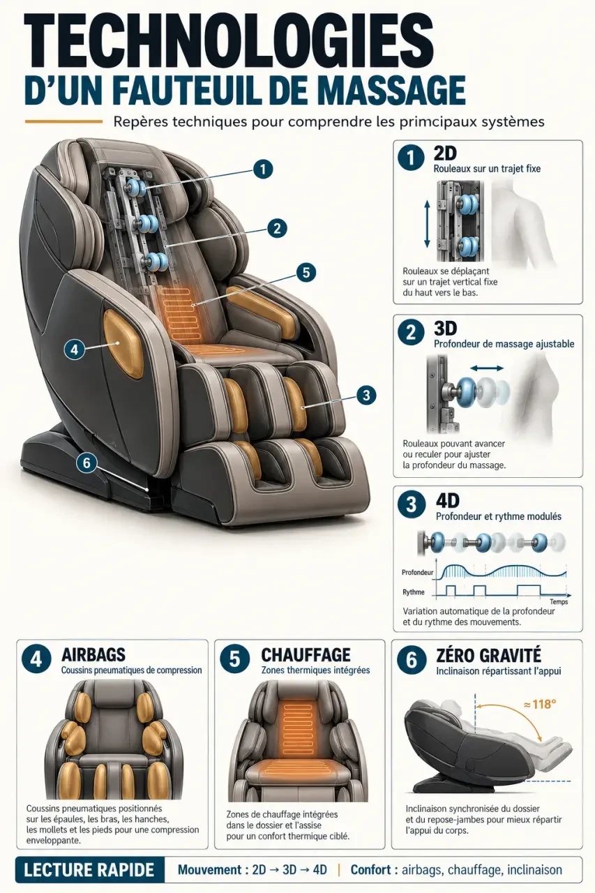 Infographie des technologies d’un fauteuil de massage 2D, 3D, 4D, airbags et zéro gravité