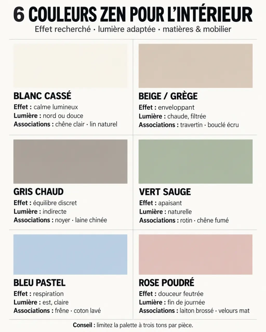 Infographie sur les couleurs zen, leurs effets et leurs associations dans un intérieur