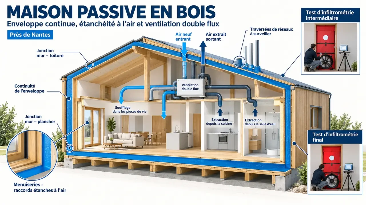 Construction maison bois passive Nantes : enveloppe continue, ventilation double flux et contrôle d’étanchéité