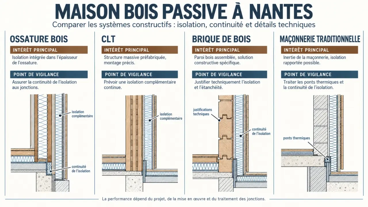 Construction maison bois passive Nantes : comparaison des systèmes ossature bois, CLT, brique de bois et maçonnerie