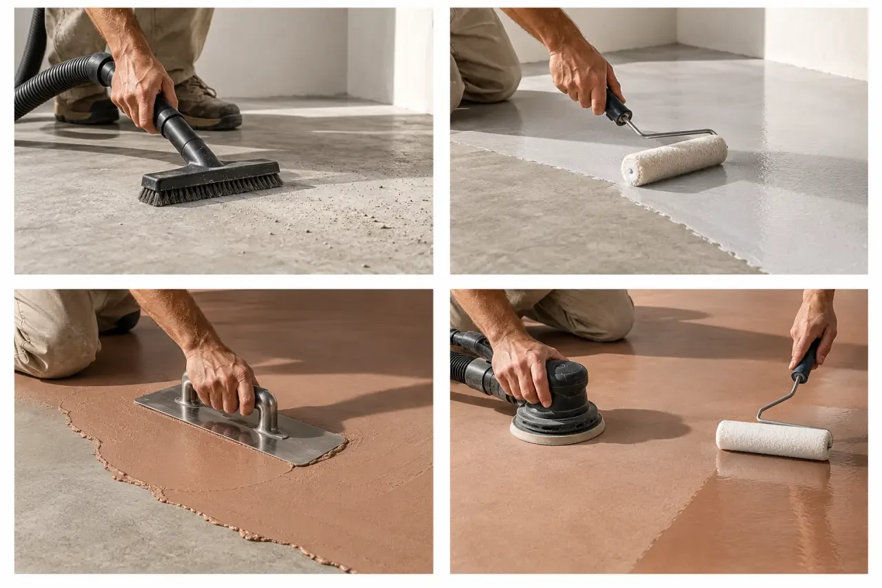 Étapes de pose du béton ciré Arcane sur un support intérieur