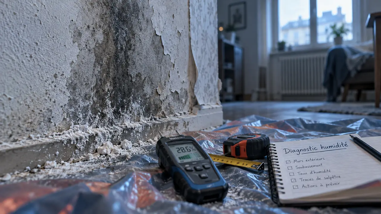 Humidite sur un mur : peinture cloquée et auréole sombre