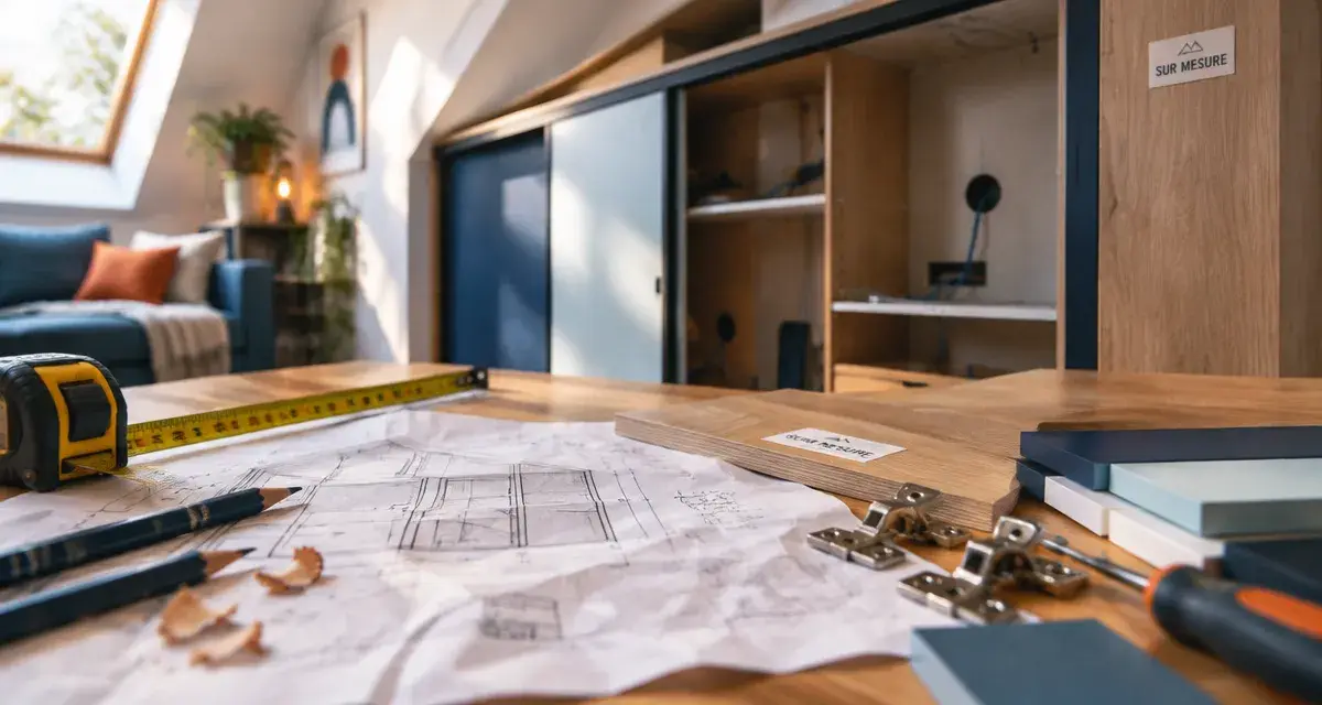Meubles sur mesure : plan papier, mètre ruban et matériaux dans un salon en aménagement