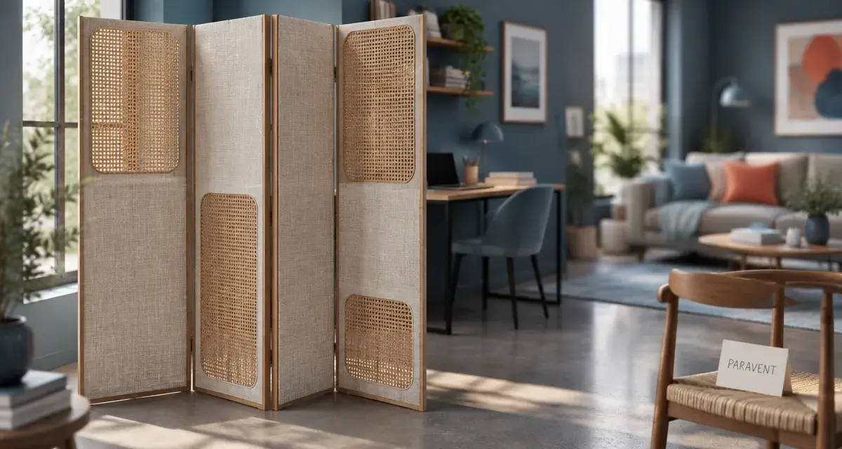 Paravent décoration intérieure beige et rotin tressé, 4 panneaux