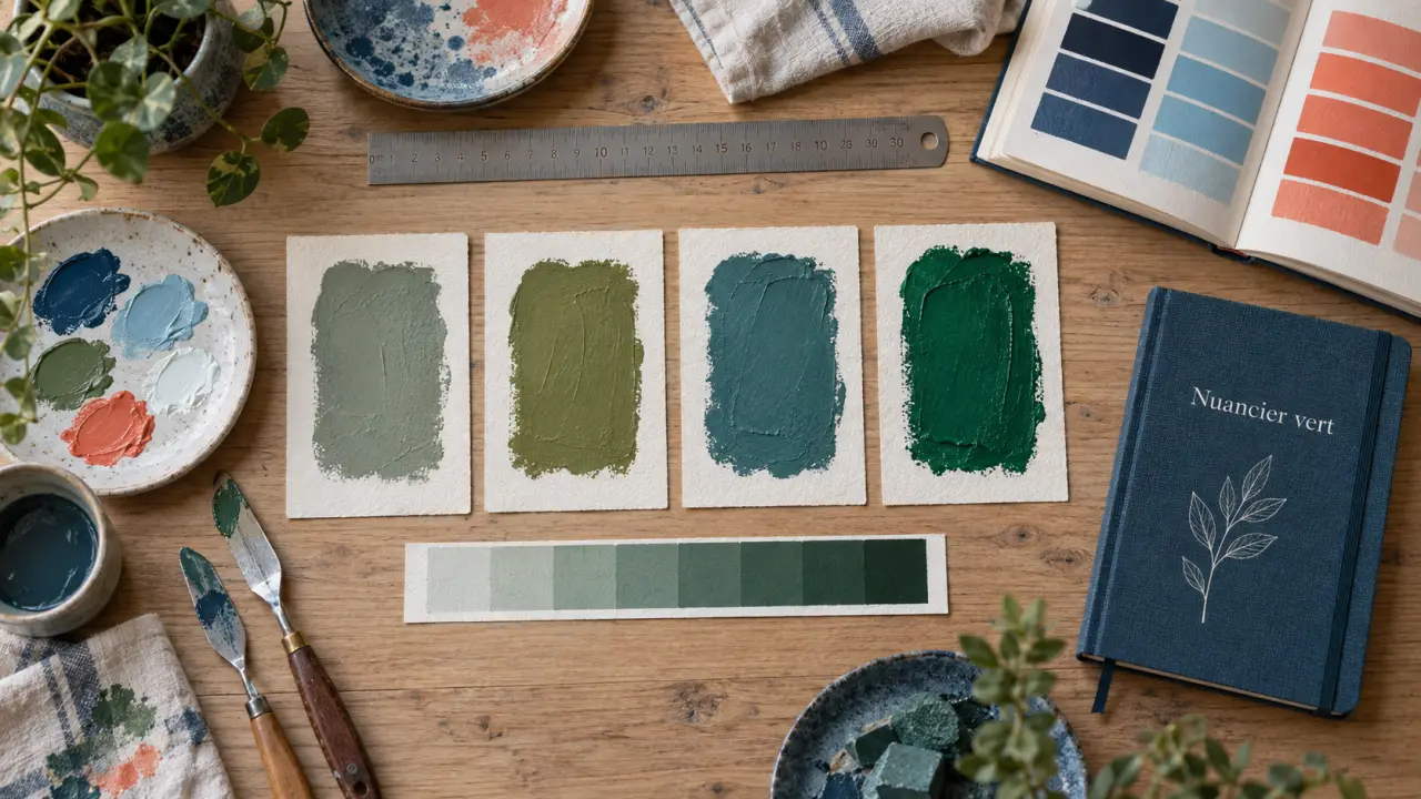 Differente couleur verte : échantillons sauge, olive et émeraude sur nuancier
