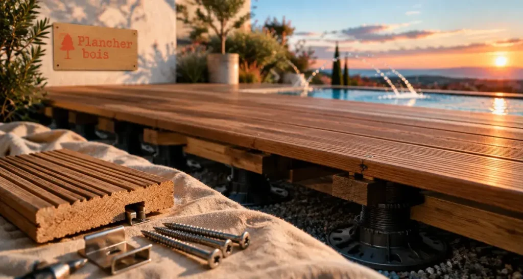 Terrasse plancher bois durable sur plots réglables, ventilation et drainage visibles