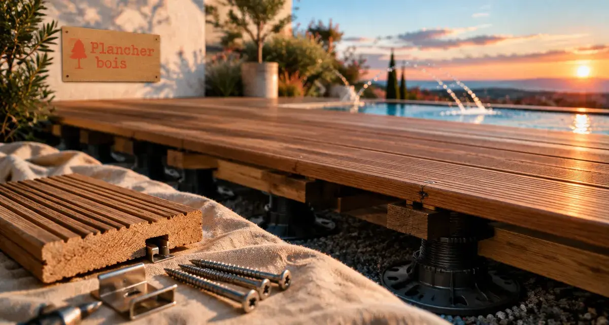 Terrasse plancher bois durable sur plots réglables, ventilation et drainage visibles